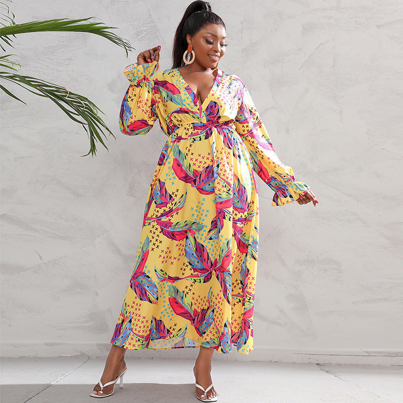 Plus Size Women Clothing Dress Long Sleeve Large Swing Dress